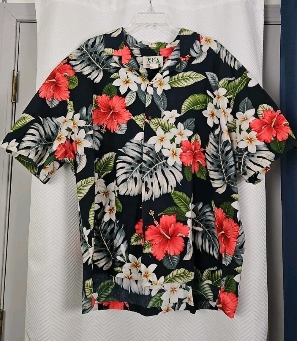 KYS Vintage Hawaiian Shirt Black‎ Pink Floral Made in Hawaii Sz 3XL